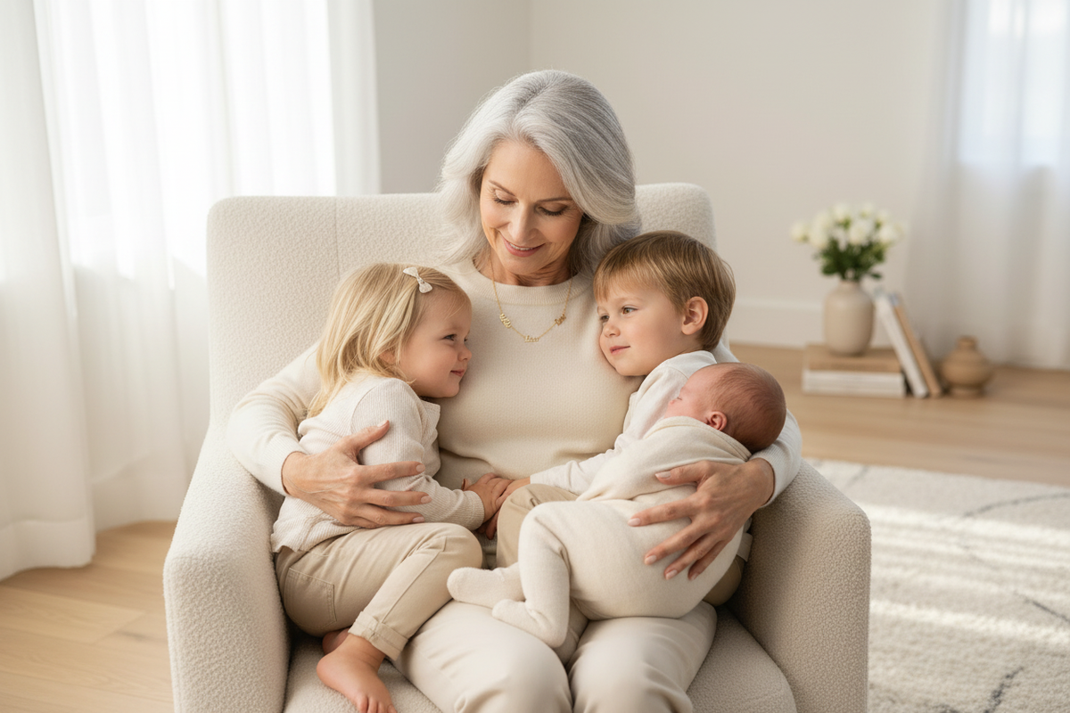 Caucasian grandmother with three grandchildren minimalist necklace