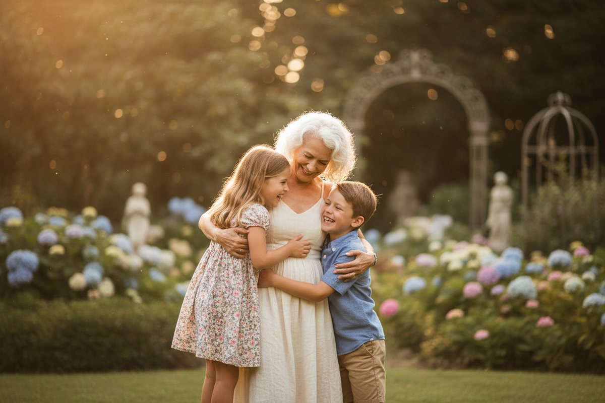 Grandmother hugging grandchildren in garden