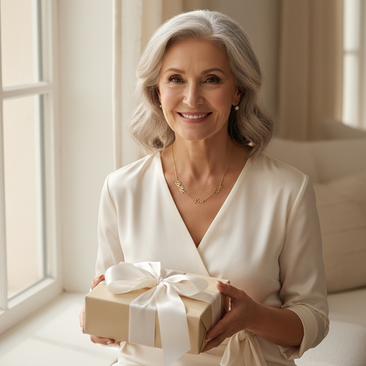 Grandmother wearing necklace with gift box