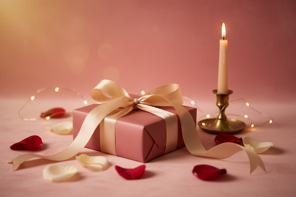Romantic Valentine's Day gift presentation with rose petals and elegant wrapping