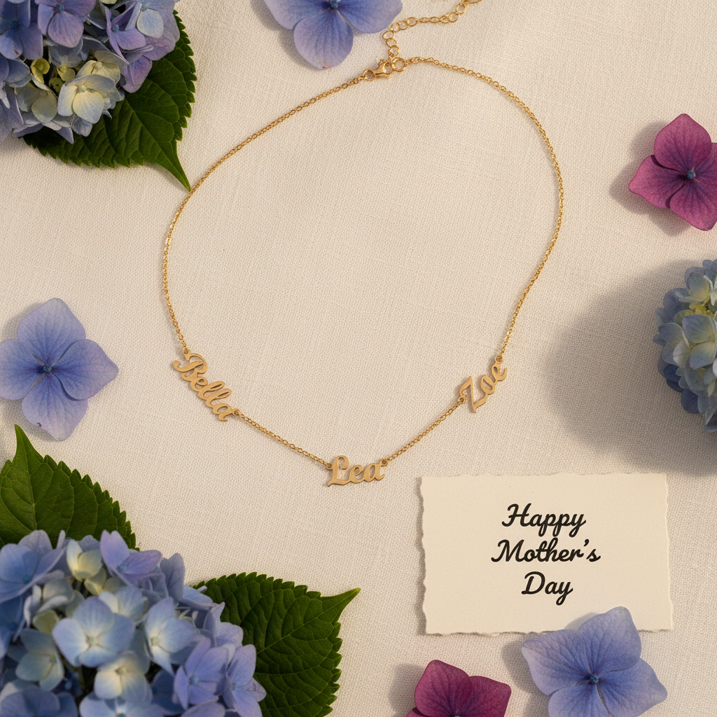 Necklace flat lay hydrangea mothers day