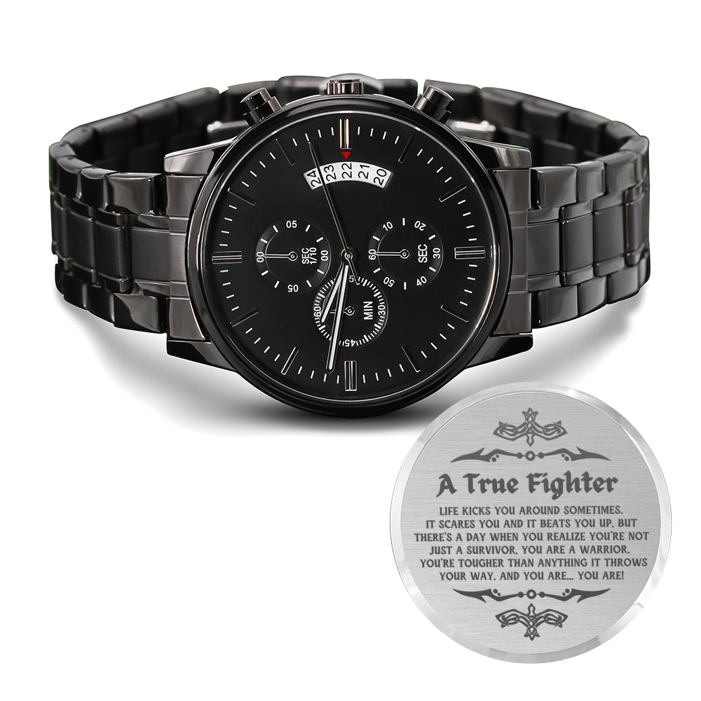 Cancer Survivor Watch for Men - Engraved Design Black Chronograph Watch