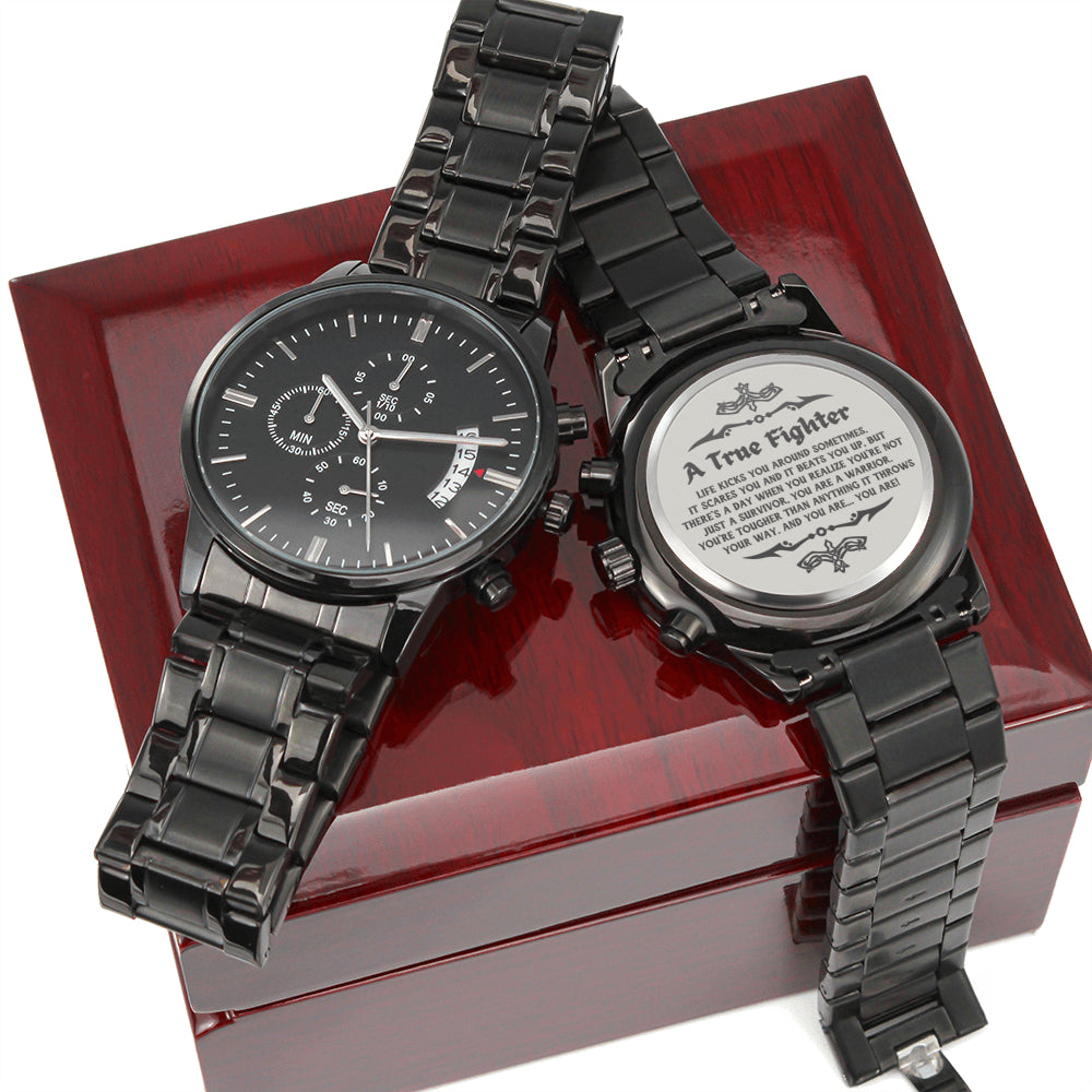 Cancer Survivor Watch for Men - Engraved Design Black Chronograph Watch
