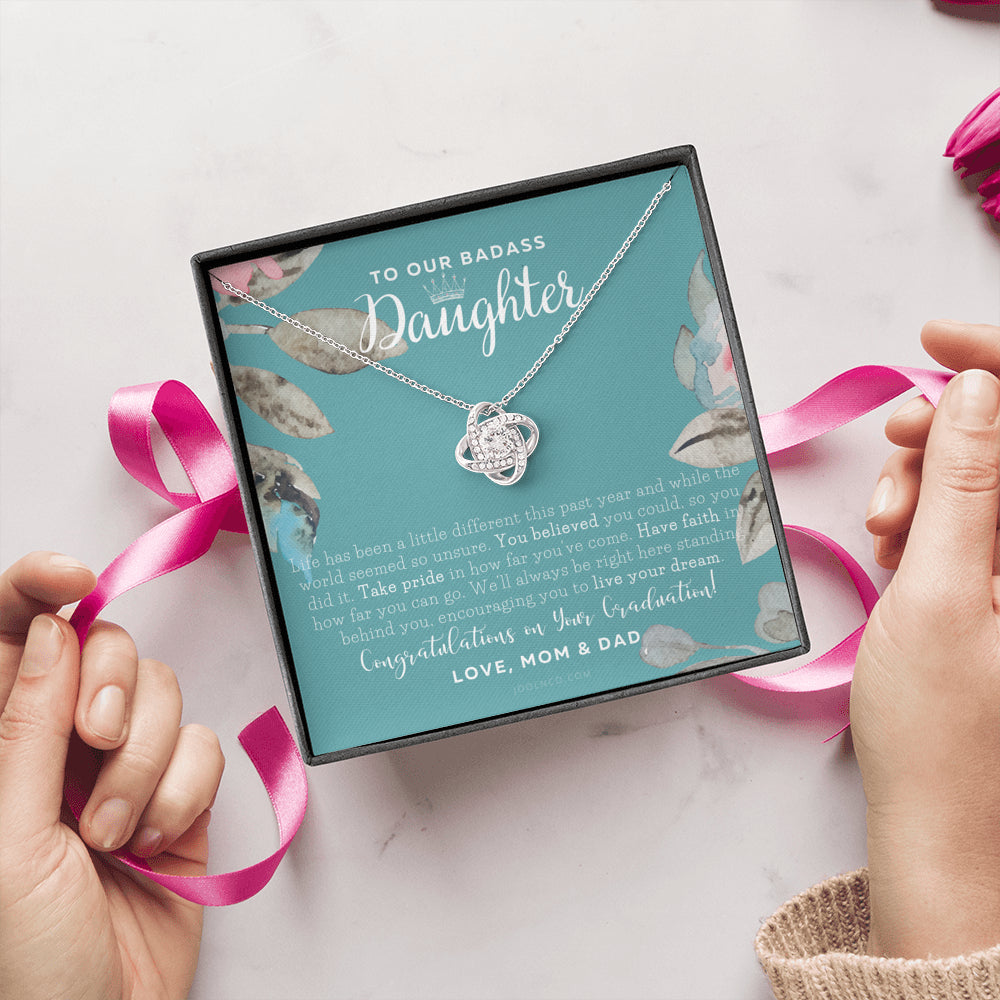 Love Knot Necklace, To Our Badass Daughter, Straighten Your Crown Necklace, Parents Daughter Necklace, Daughter Graduation Gift, Graduation on Pandemic