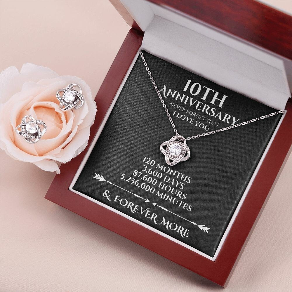 Perfect Gift to Celebrate 10th Anniversary, Traditional and Modern 10-Year Anniversary Present for Wife, Love Knot Necklace & Earrings Set