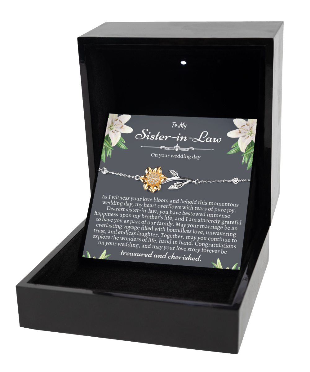 Silver 925 Sunflower Bracelet: Meaningful Sister-in-Law Wedding Gift & Bridal Party Favor on Her Big Day