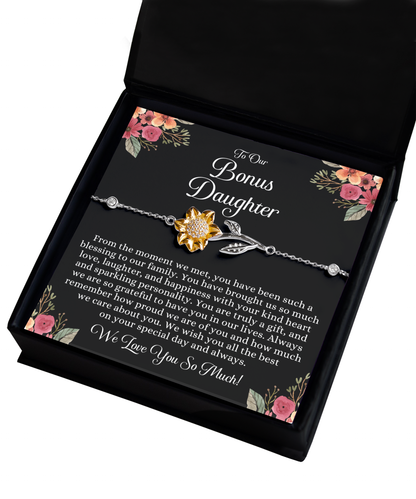 To Our Bonus Daughter Gifts, Bonus Daughter Gifts from Bonus Mom & Dad, Bonus Daughter Birthday Gifts Ideas, Silver 925 Sunflower Bracelet